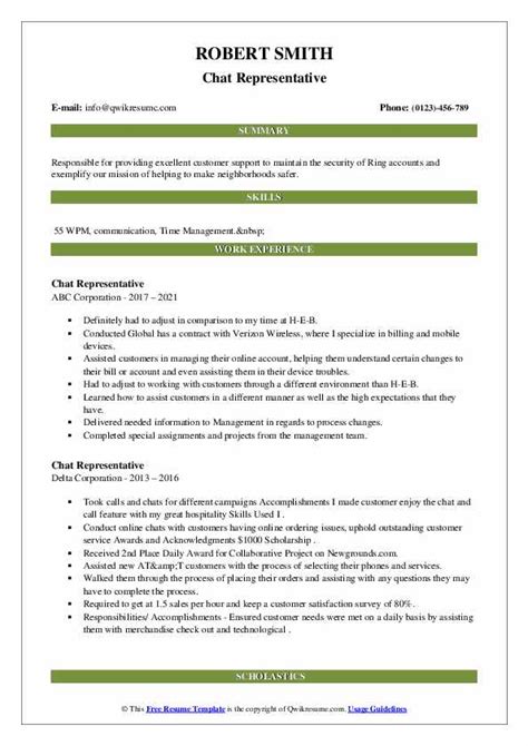 Chat Representative Resume Samples | QwikResume