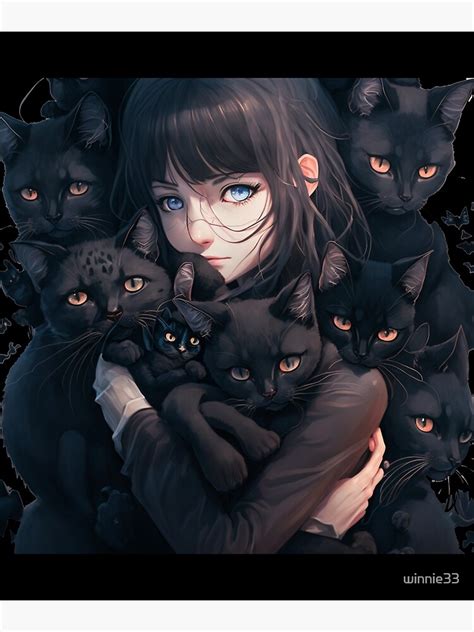 "Anime Girl Hugging Many Black Cats - KAWAII" Poster for Sale by winnie33 | Redbubble