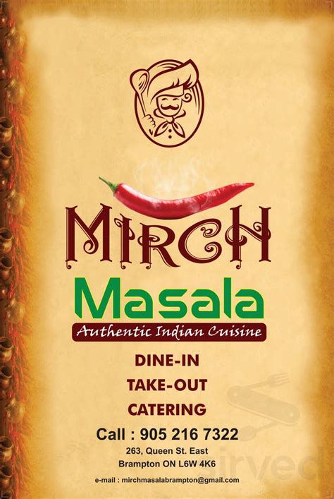 Mirch Masala Authentic Indian Restaurant menu in Brampton, Ontario, Canada