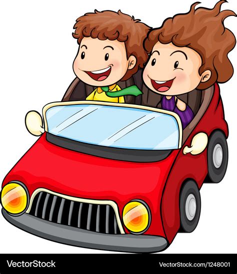 A girl and a boy riding in the red car Royalty Free Vector