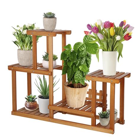 7 Shelves Pine Wood Plant Stand Modern Elegance Flowerpots Rack Movable ...