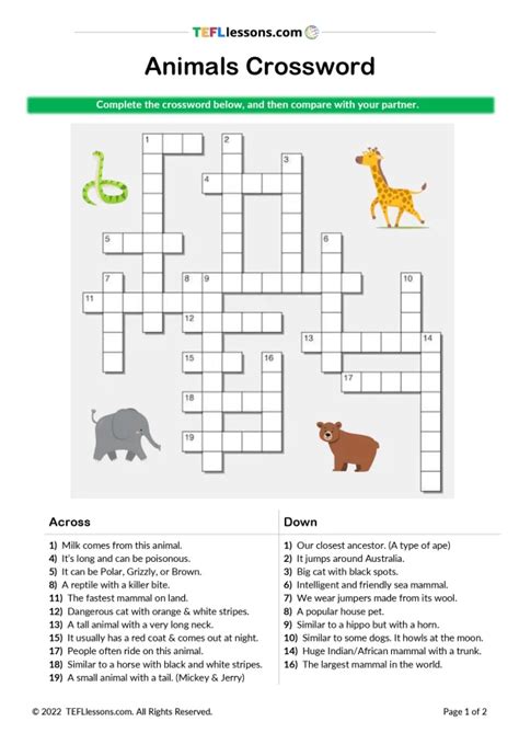 Animals Vocabulary Crossword - TEFL Lessons - tefllessons.com | ESL worksheets