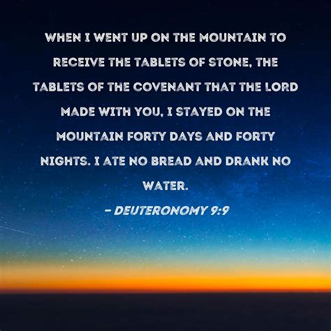 Deuteronomy 9:9 When I went up on the mountain to receive the tablets of stone, the tablets of ...