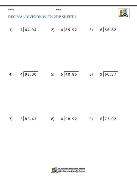 Division of Decimal Numbers Worksheets