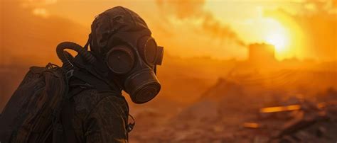 Premium Photo | Sunset Gas Mask Postapocalyptic Survivor Urban Ruins Dust Storm Photography ...