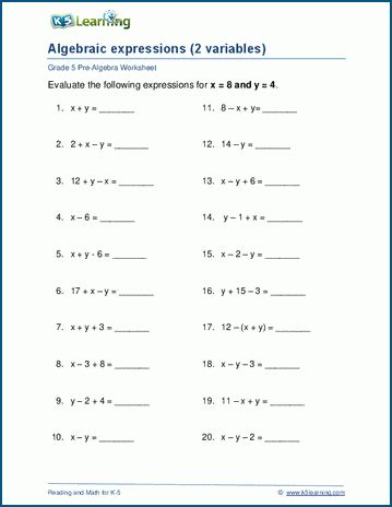 Evaluating Expressions Worksheets