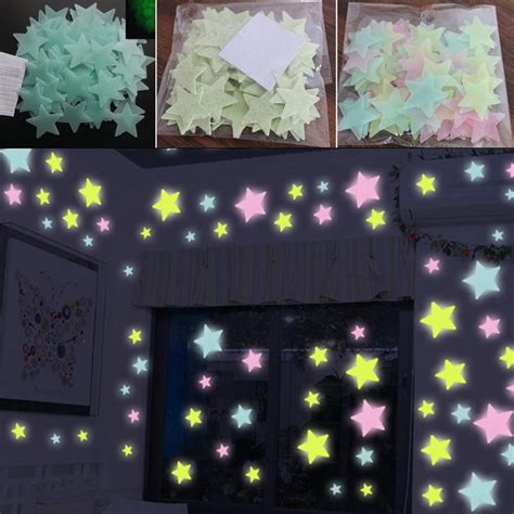 100PCS Plastic Glow In The Dark Decal Stars Luminous Decor Fluorescent Wall Stickers Fashion ...