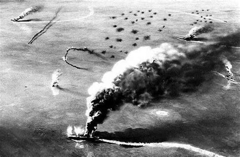 Three Japanese carriers burning during the battle of midway. Look ...