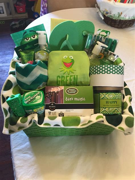 Green basket | Themed gift baskets, Green gifts, Christmas gift baskets