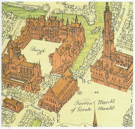 Marcus Gheeraerts, City Plan of Bruges (Engraving, detail with Burg and Market Square) (1562 ...