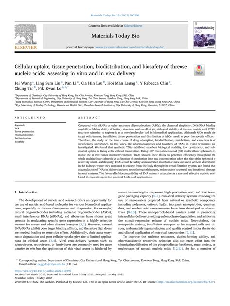 (PDF) Cellular uptake, tissue penetration, biodistribution, and biosafety of threose nucleic ...