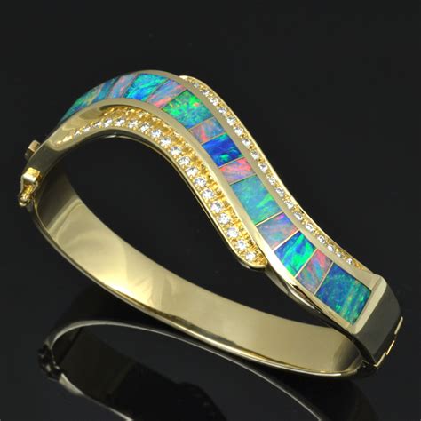 Large Diamond and Australian Opal Bracelet in 14k Gold | Opal bracelet, Opal inlay jewelry ...