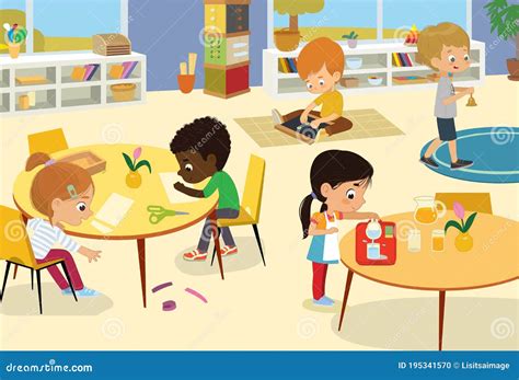 Clase Preescolar. Ilustraciones De Niños En Sala De Juegos Niños Y ...