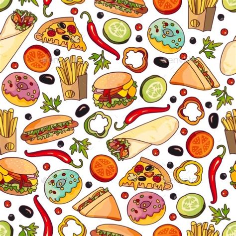 Vector Cartoon Fast Food Seamless Pattern Wallpaper Background Design, Food Wallpaper ...