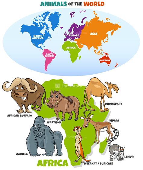 Educational Cartoon Illustration of African Animals and World Map with ...