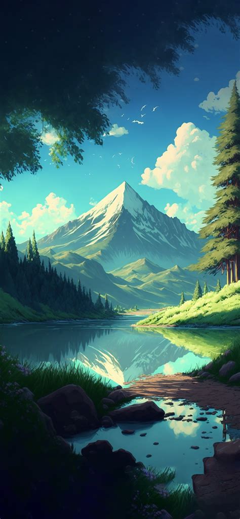 Aesthetic Forest Lake & Mountain Anime Background Wallpapers