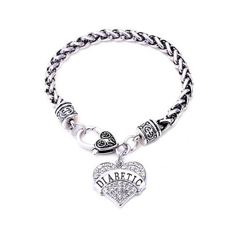 DIABETIC Bracelets Awareness Medical Alert Charm Bracelet White Rhinestone Heart for women ...