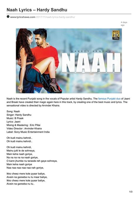 Naah Punjabi Song Lyrics By Hardy Sandhu by Lokesh - Issuu