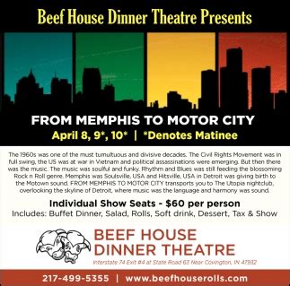 From Memphis to Motor City, Beef House Dinner Theatre, Covington, IN