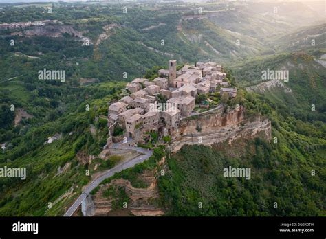 Aerial view of Civita di Bagnoregio at sunrise, Viterbo district, Lazio, Italy, Europe Stock ...