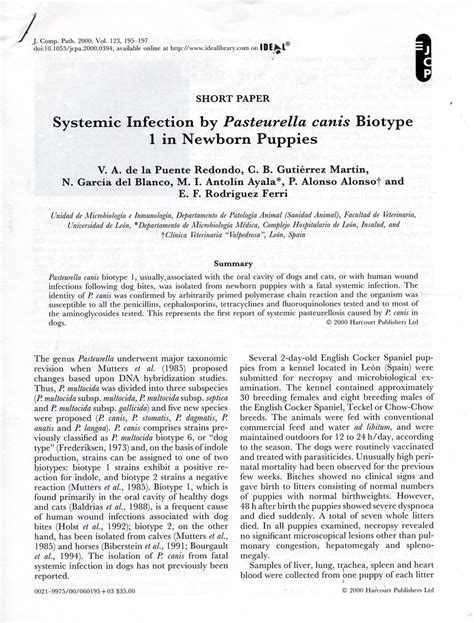 (PDF) Systemic Infection by Pasteurella canis Biotype 1 in Newborn Puppies