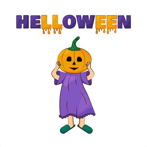 A girl with a pumpkin on her head on Halloween. Halloween card, bright vector illustration ...