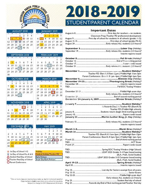 2018 - 2019 School Year Calendar | Jefferson Parish Public School ...