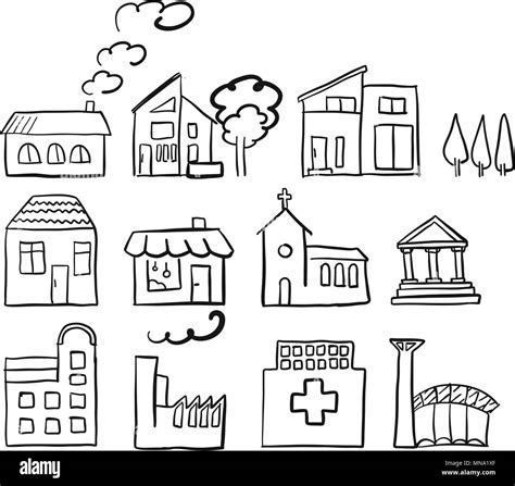 Various house types, fast vector sketch, hand drawn vector outline drawing black pen on white ...