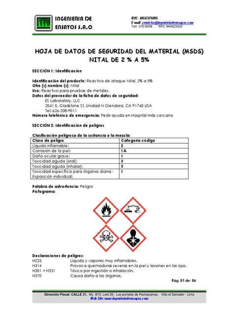 MSDS Nital 2 A 5% | Descargar gratis PDF | Metanol | Agua