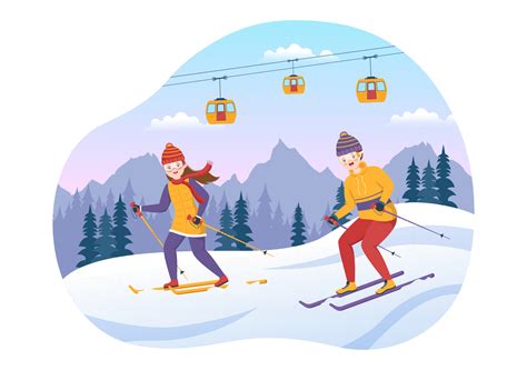 Ski Illustration with Skiers Sliding Near Mountain Going Downhill in Skiing Resort in Flat ...