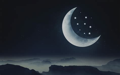 Half moon Wallpaper 4K, Stars, Mountains, Night, Cold