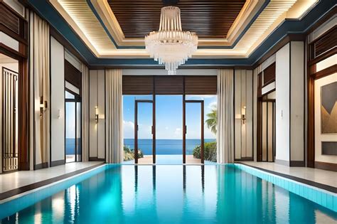 Premium Photo | A pool in a hotel with a view of the ocean.