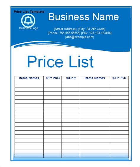 Printable Blank Price List Template