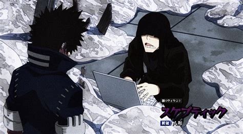 two anime characters are looking at something on a computer screen in front of a mountain