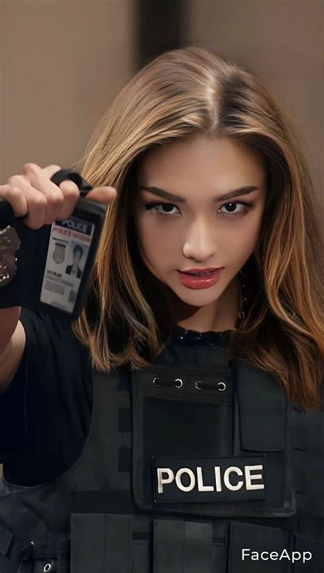 a beautiful young woman holding onto a police badge on top of her shoulder and looking at the camera