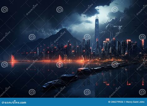 Futuristic Nighttime: City Skyline in the Future Stock Illustration ...