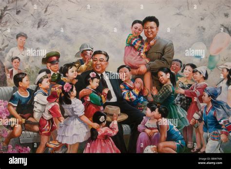 Kim Il Sung and Kim Song Il as fathers of the nation on a painting at ...