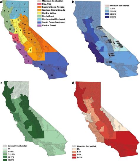 (a) The nine regions of analysis and California mountain lion habitat... | Download Scientific ...