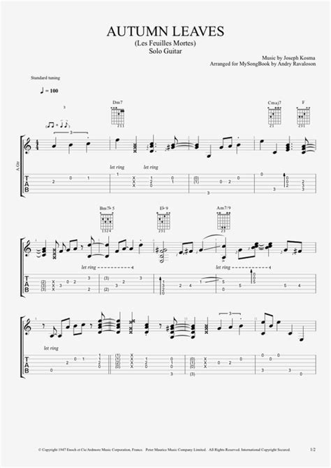 Autumn Leaves by Joseph Kosma - Easy Solo Guitar Guitar Pro Tab | mySongBook.com