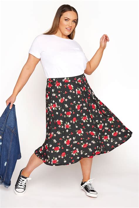 Black Floral Print Midi Skirt | Yours Clothing