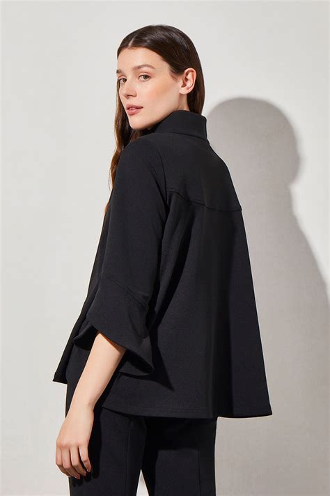 Button-Front Bell Sleeve Deco Crepe Jacket, Black