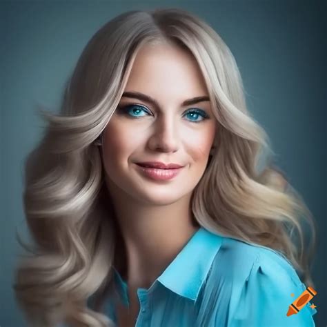 Smiling woman with wavy blond hair in blue blouse