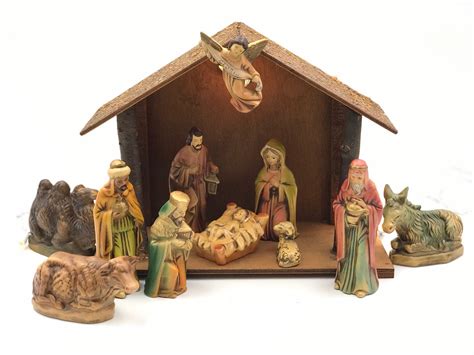 Vintage Nativity set with Wooden Crèche, Hand painted Figurines made in Japan Christmas Nativity ...