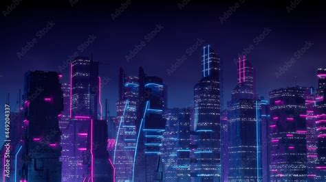 Cyberpunk City Skyline with Blue and Pink Neon lights. Night scene with Futuristic ...