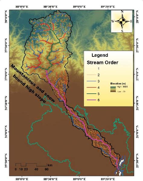 Drainage map with stream ordering in the Tista River basin. | Download ...