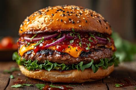 Premium Photo | Gourmet cheeseburger with sesame bun fresh greens ...