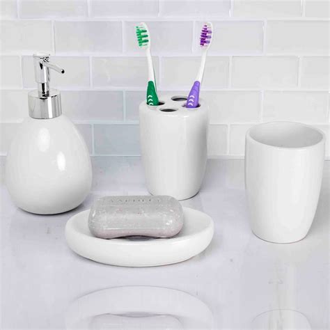 Home Basics White Ceramic Modern Bathroom Accessories 4 Piece Set ...