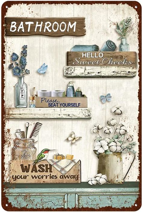 Amazon.com : Vintage Farmhouse Bathroom Metal Tin Signs Rustic Flower Bathroom Decor Wall Art ...