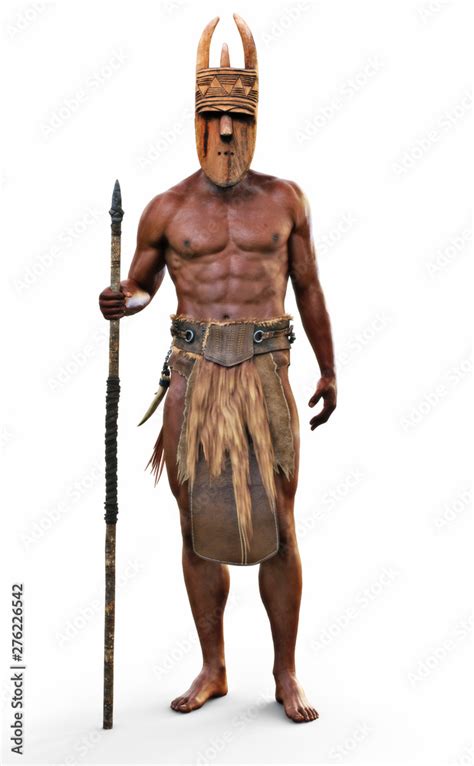 Portrait of an intimidating bare footed strong African tribal hunter ...