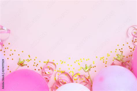 Soft pink birthday background with balloons Stock Photo | Adobe Stock